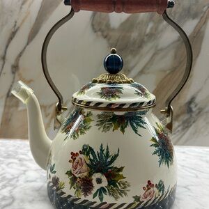 MacKenzie-Childs Floral Enamel Tea Kettle with Wooden Handle